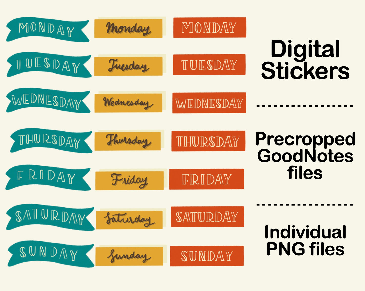 Digital Sticker - Days of the week in Vintage theme