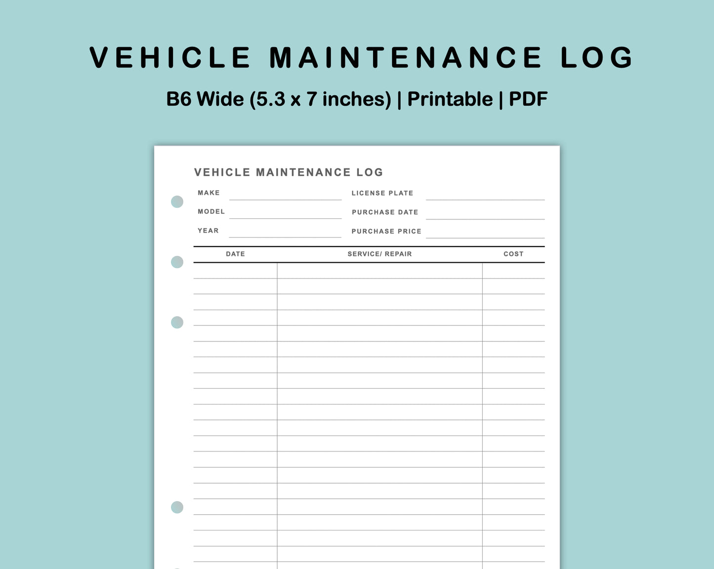 B6 Wide Inserts - Vehicle Maintenance Log