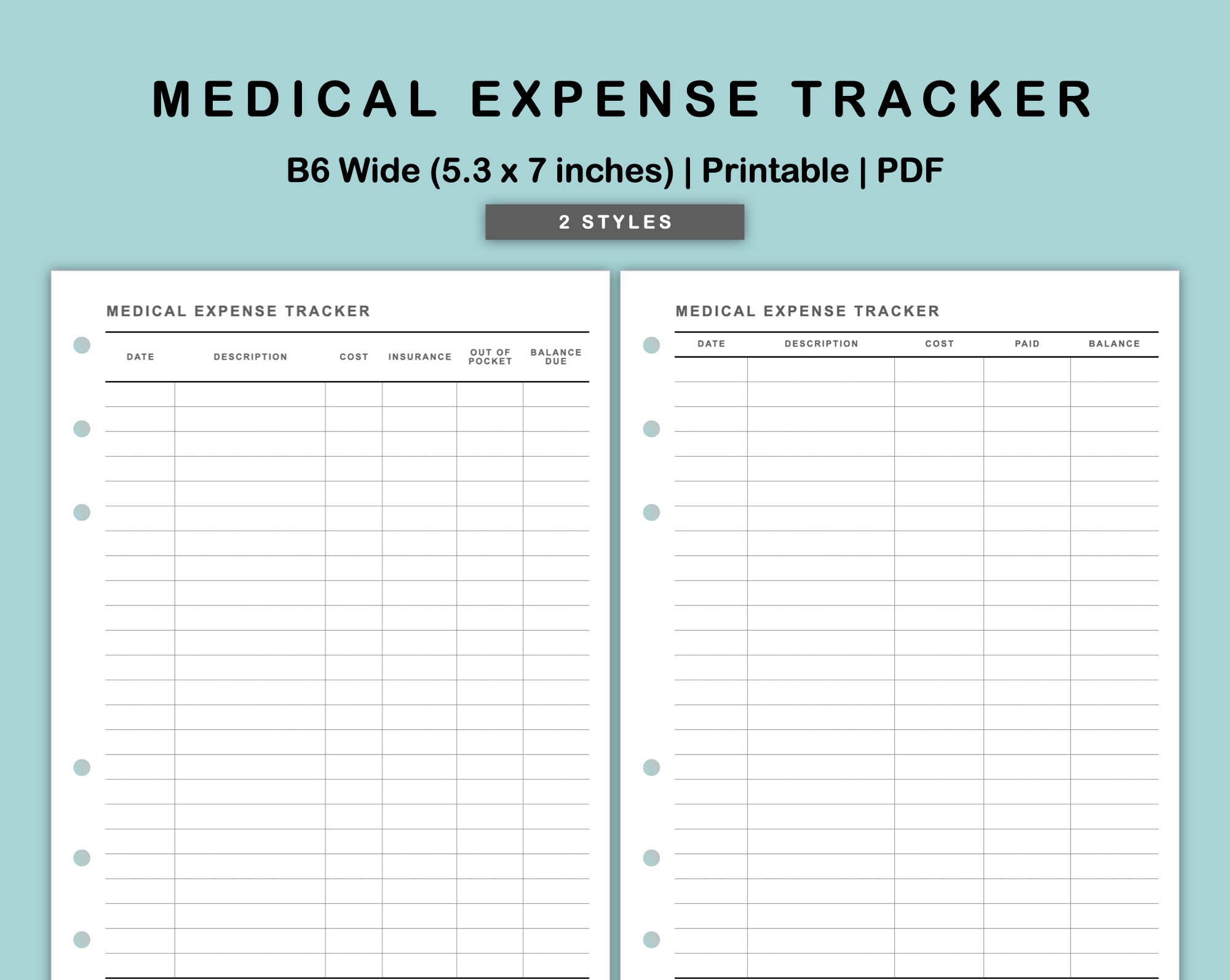B6 Wide Inserts Medical Expense Tracker Kjunstudio