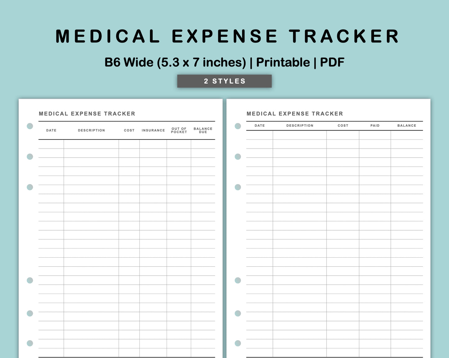 B6 Wide Inserts - Medical Expense Tracker