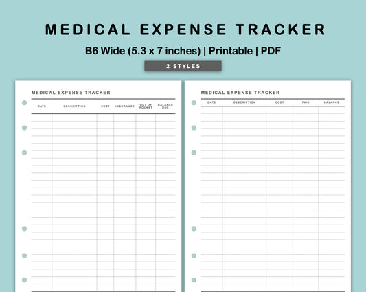 B6 Wide Inserts - Medical Expense Tracker