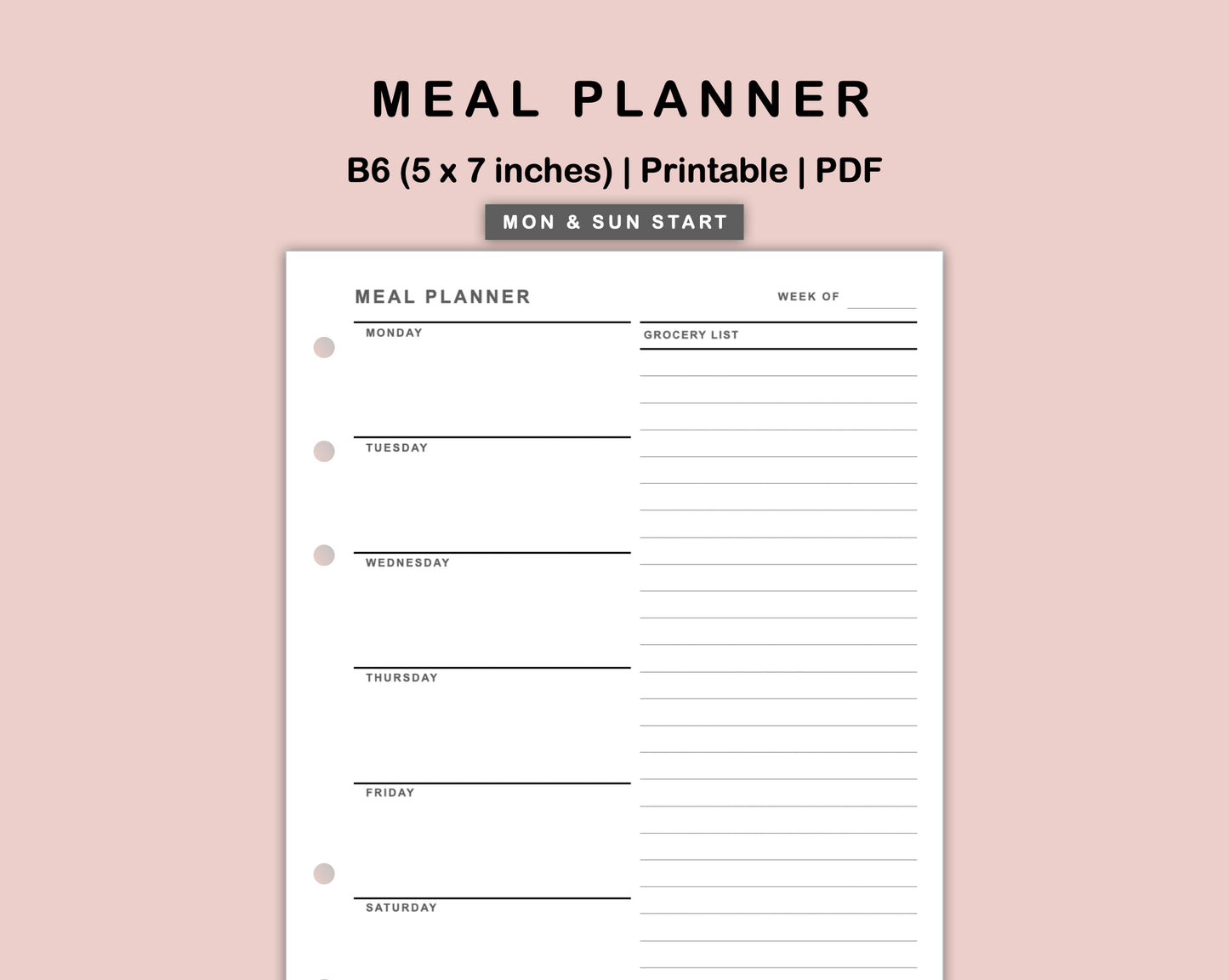 B6 Inserts - Meal Planner with Grocery List