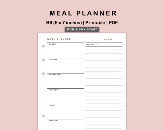 B6 Inserts - Meal Planner with Grocery List