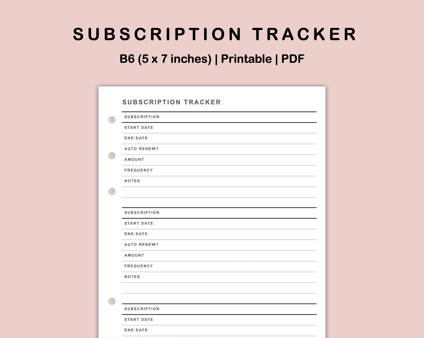 B6 Inserts - Subscription Tracker