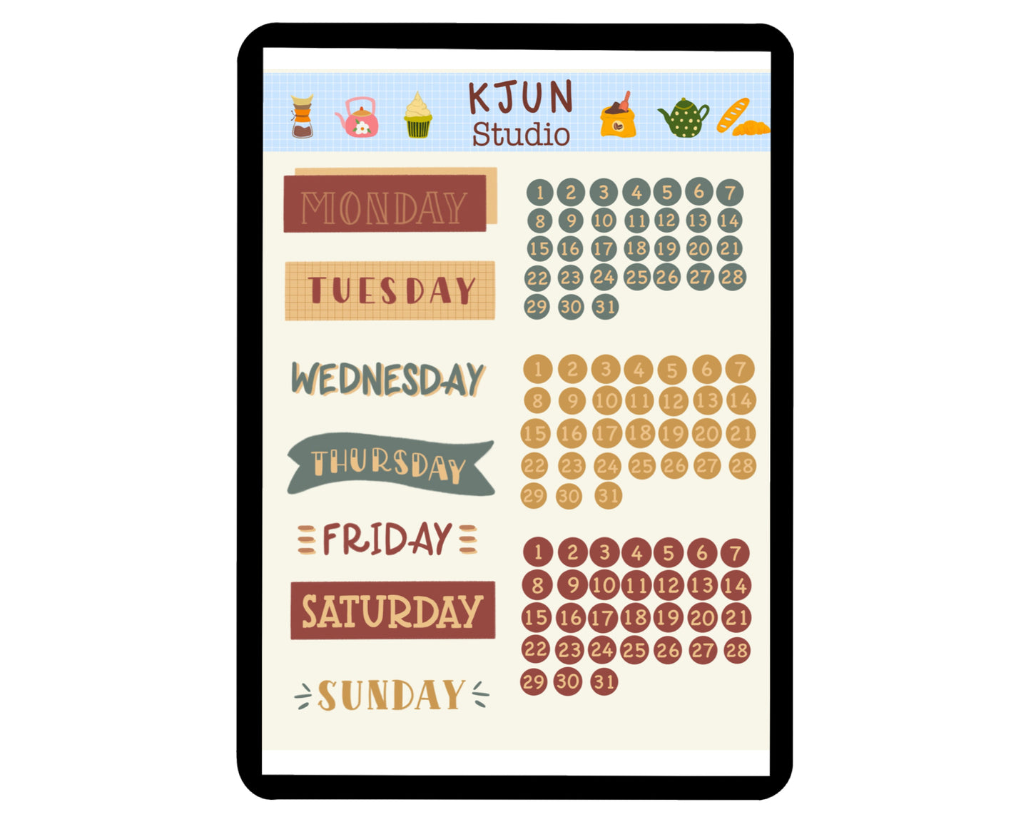 Digital Sticker - Days of the week and Date in Boho theme