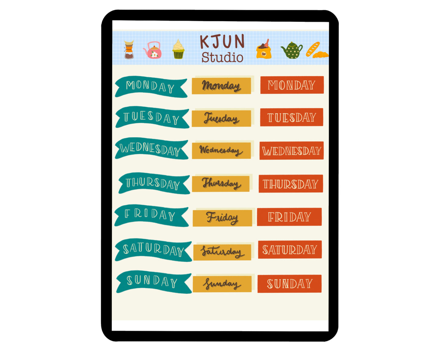 Digital Sticker - Days of the week in Vintage theme