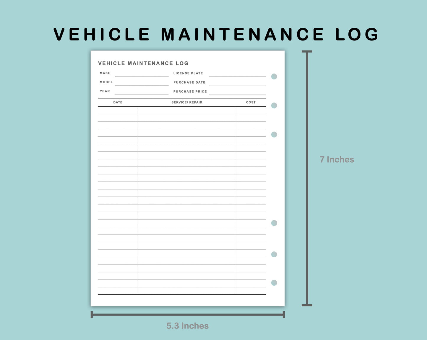 B6 Wide Inserts - Vehicle Maintenance Log
