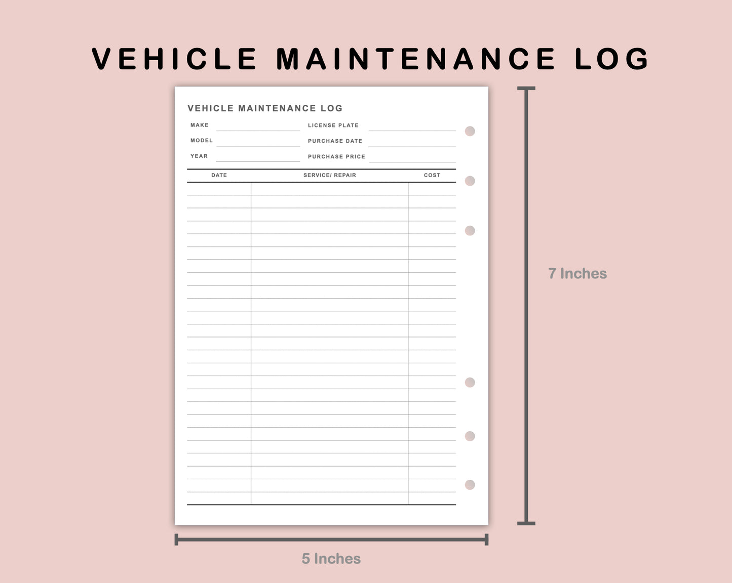 B6 Inserts - Vehicle Maintenance Log