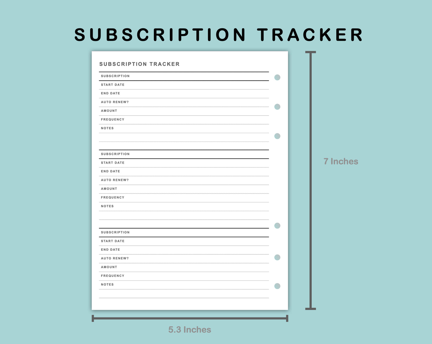 B6 Wide Inserts - Subscription Tracker