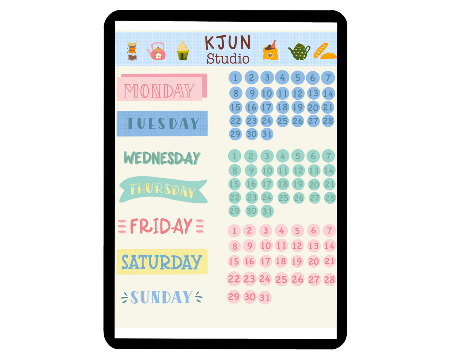 Digital Sticker - Days of the week and Date in Pastel theme