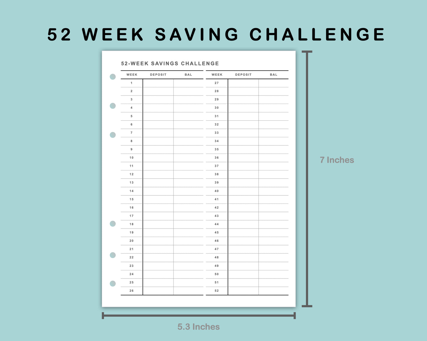 B6 Wide Inserts - 52 Week Saving Challenge
