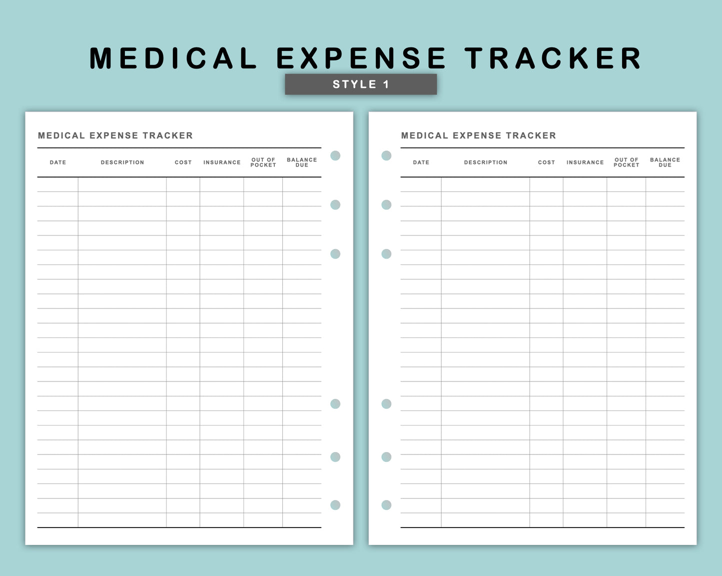 B6 Wide Inserts - Medical Expense Tracker