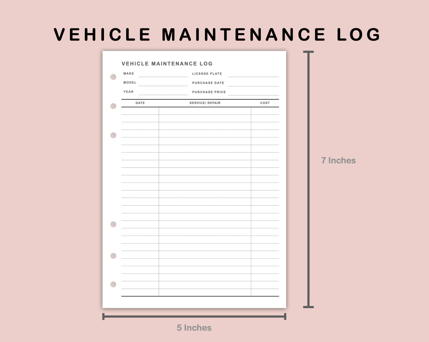 B6 Inserts - Vehicle Maintenance Log