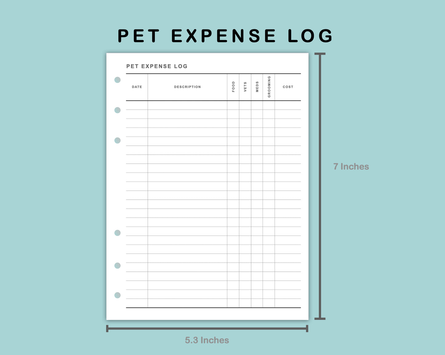B6 Wide Inserts - Pet Expense Log