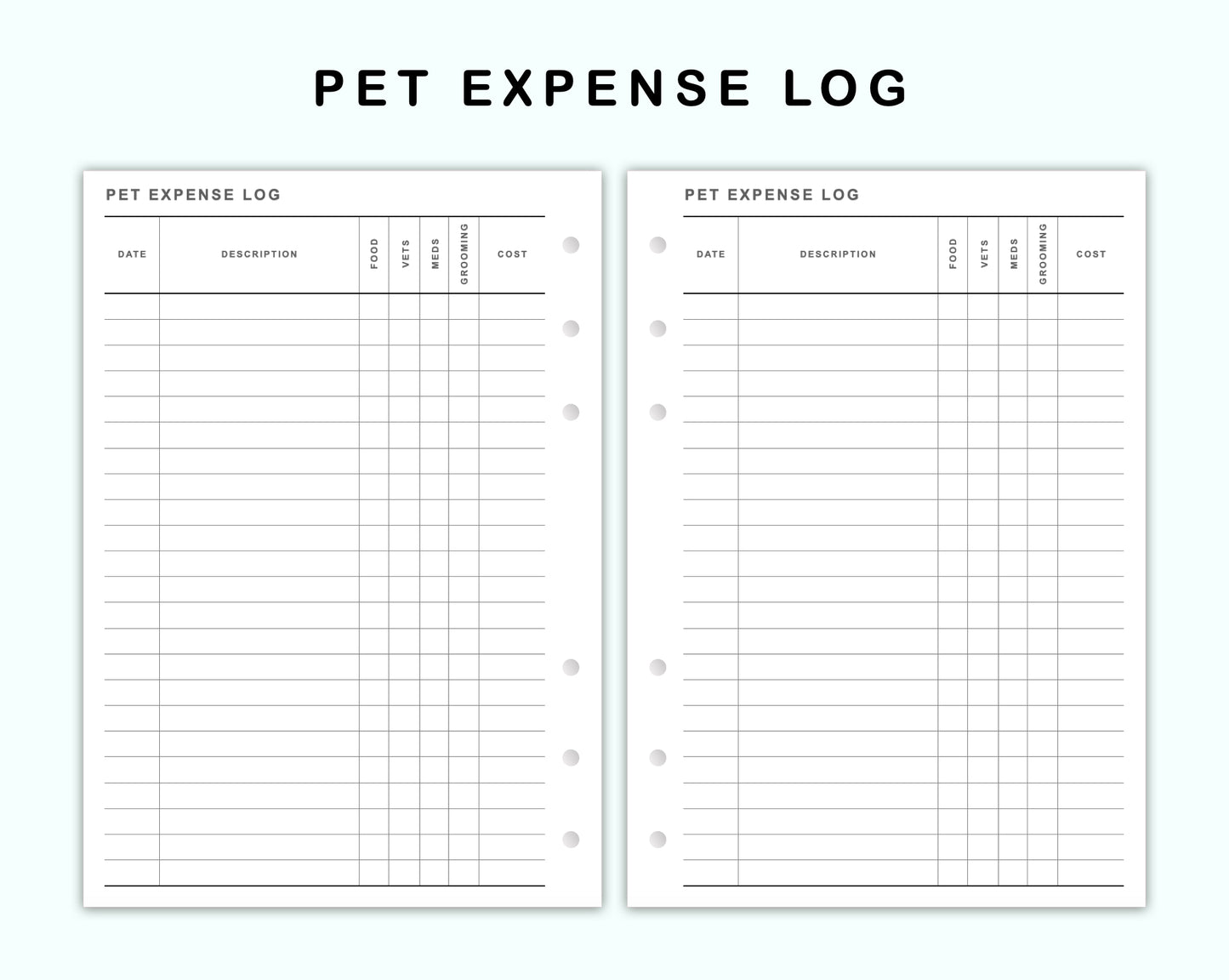 Personal Wide Inserts - Pet Expense Log