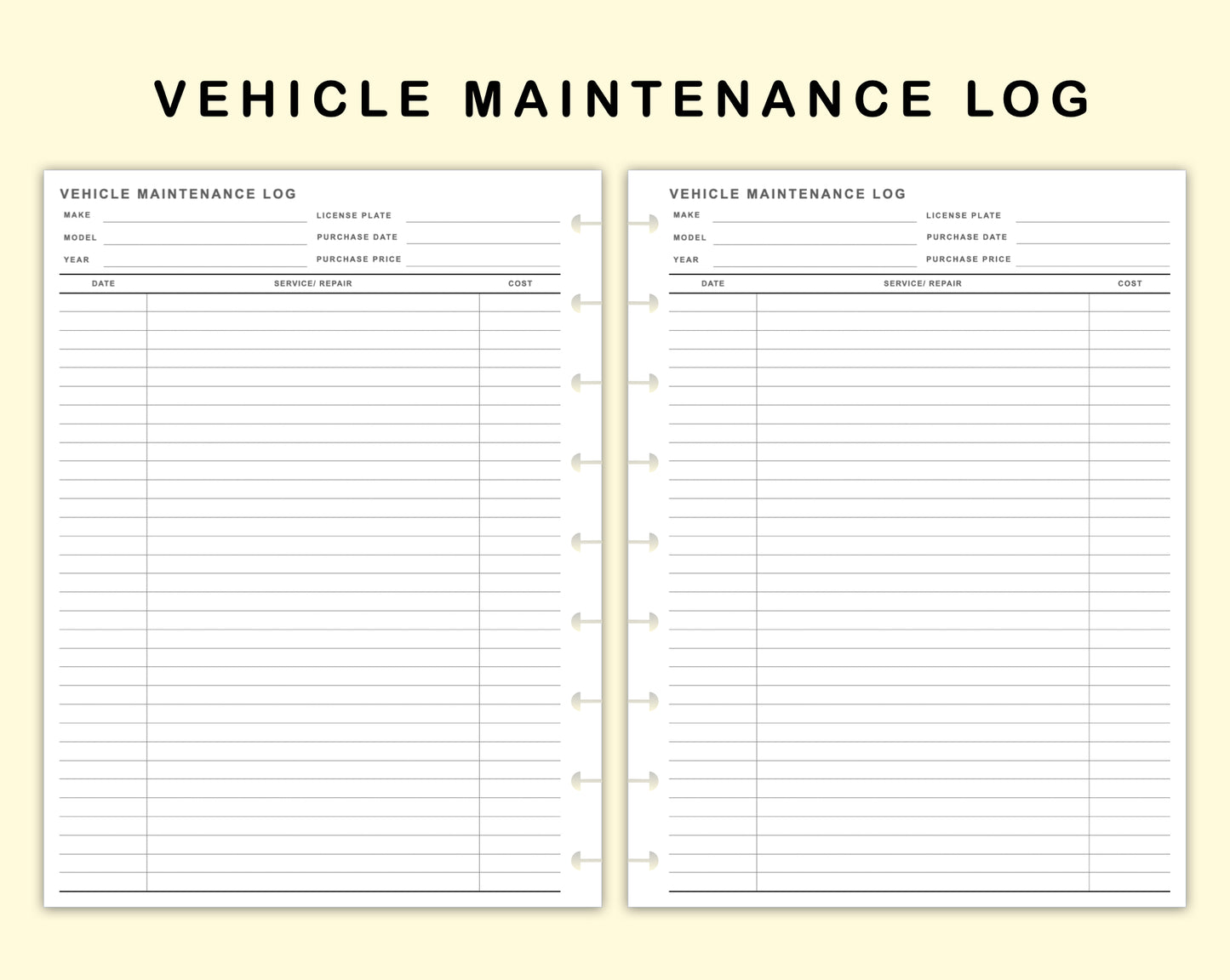Classic HP Inserts - Vehicle Maintenance Log