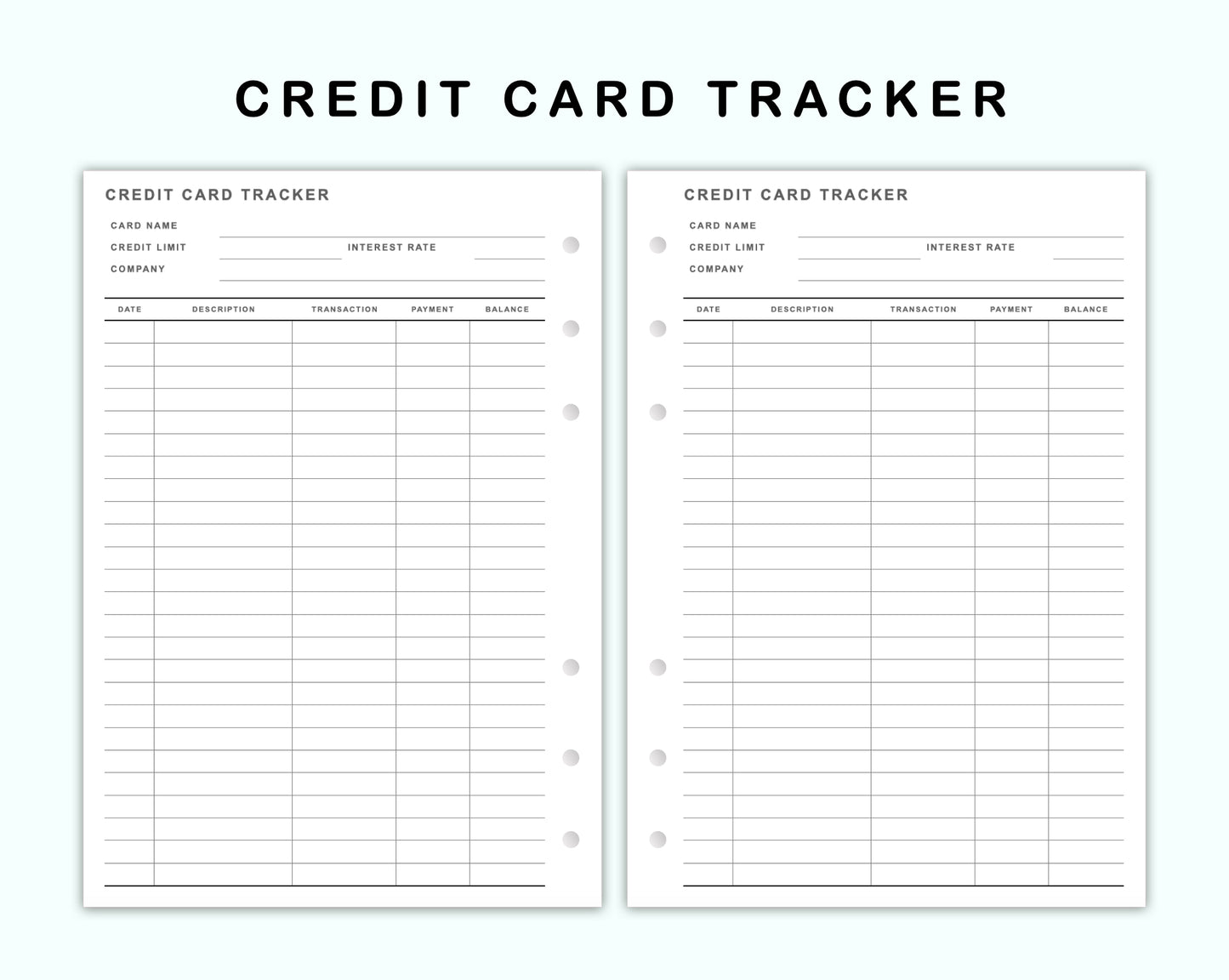 Personal Wide Inserts - Credit Card Tracker