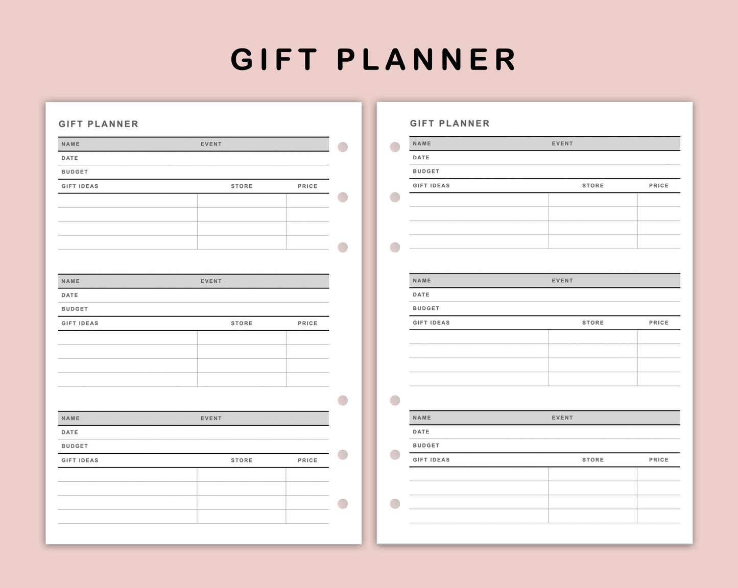B6 Inserts - Gift Planner