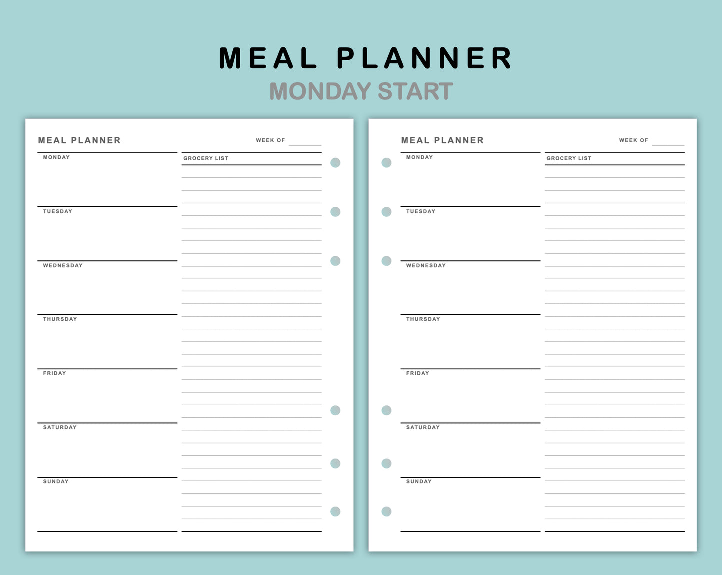 B6 Wide Inserts - Meal Planner with Grocery List