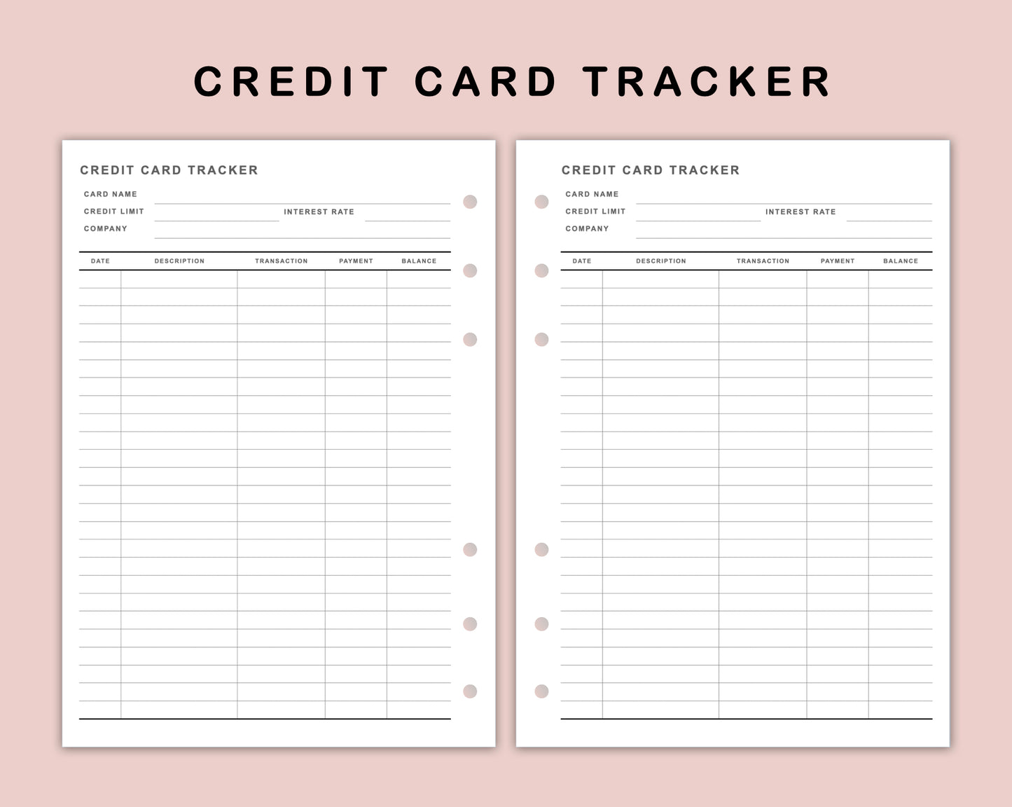 B6 Inserts - Credit Card Tracker