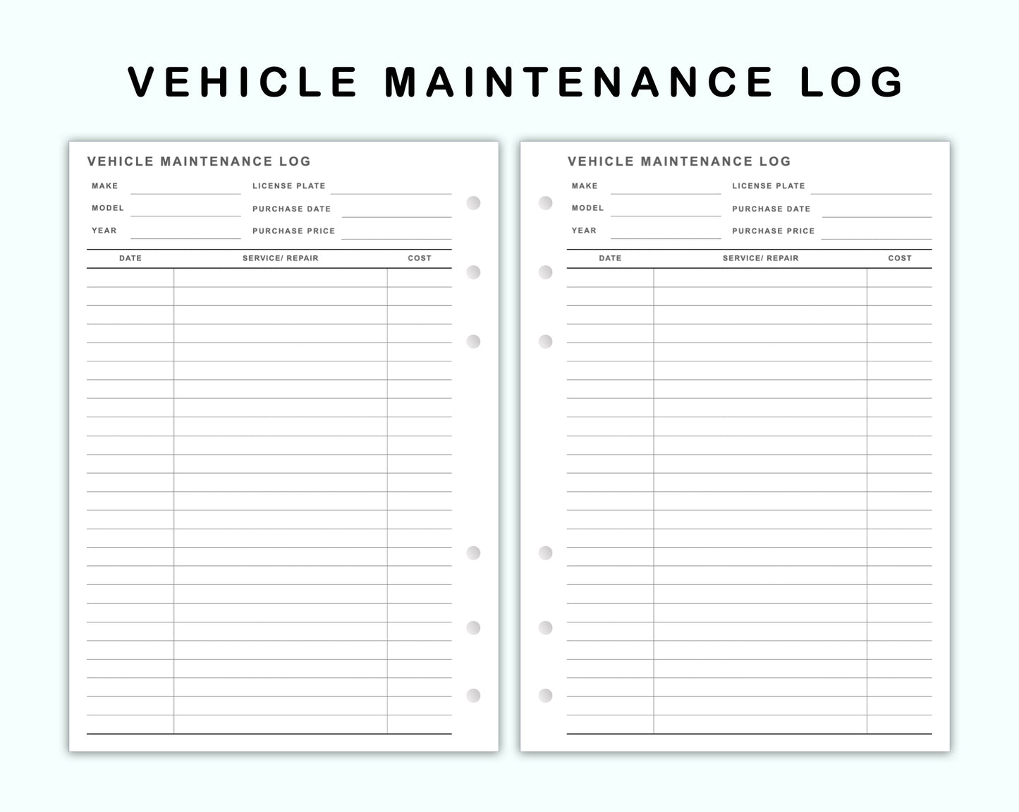 Personal Wide Inserts - Vehicle Maintenance Log