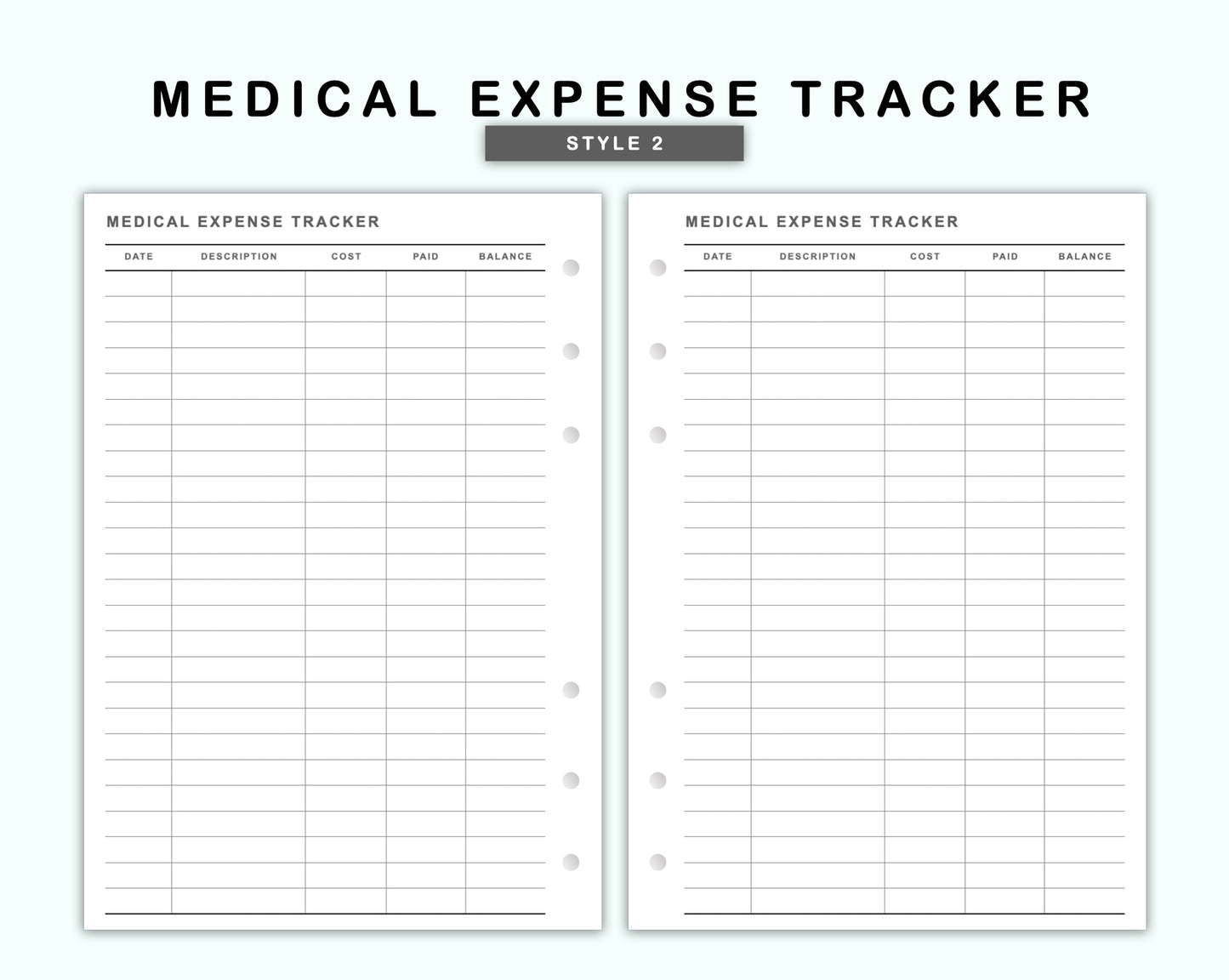 Personal Wide Inserts - Medical Expense Tracker