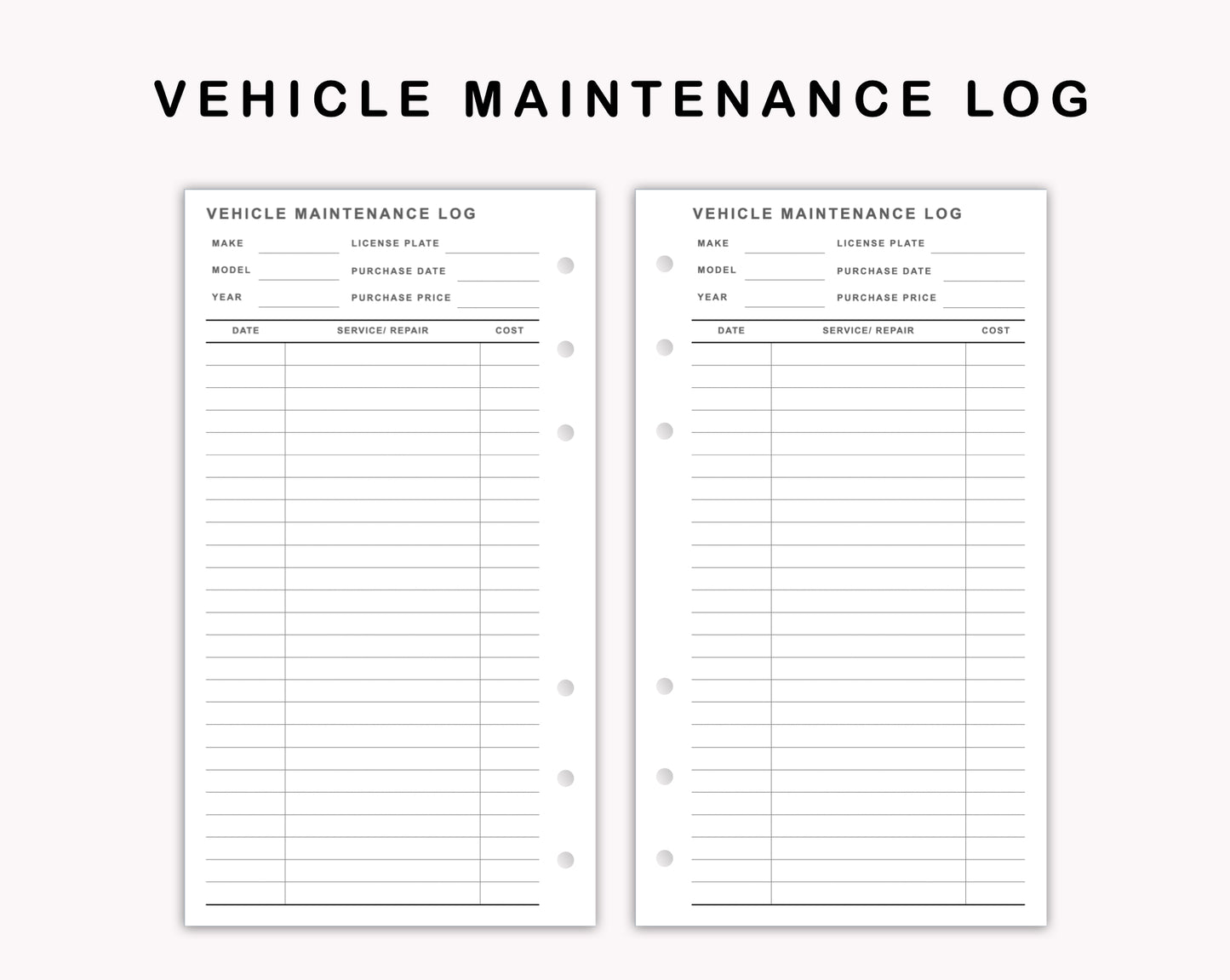 Personal Inserts - Vehicle Maintenance Log