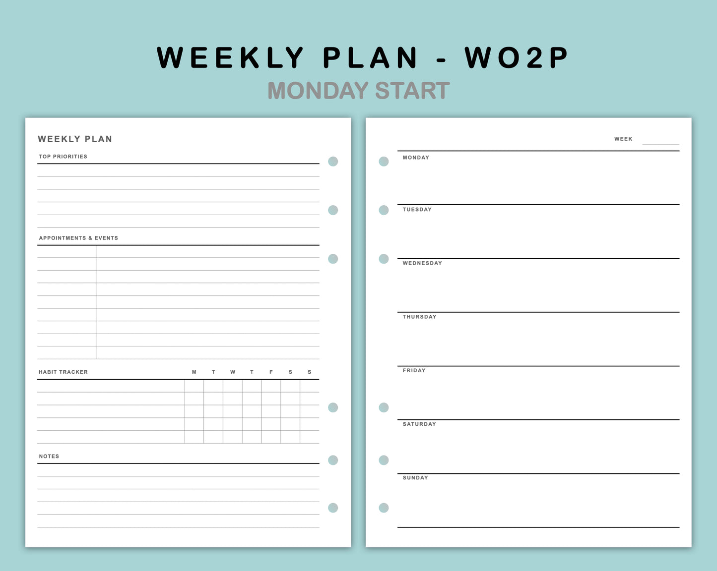 B6 Wide Inserts - Weekly Plan - WO2P - with Habit Tracker