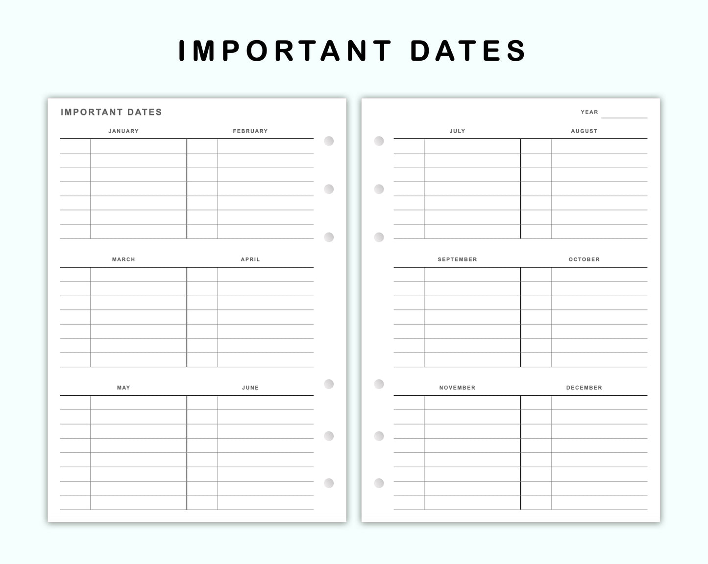 Personal Wide Inserts - Important Dates