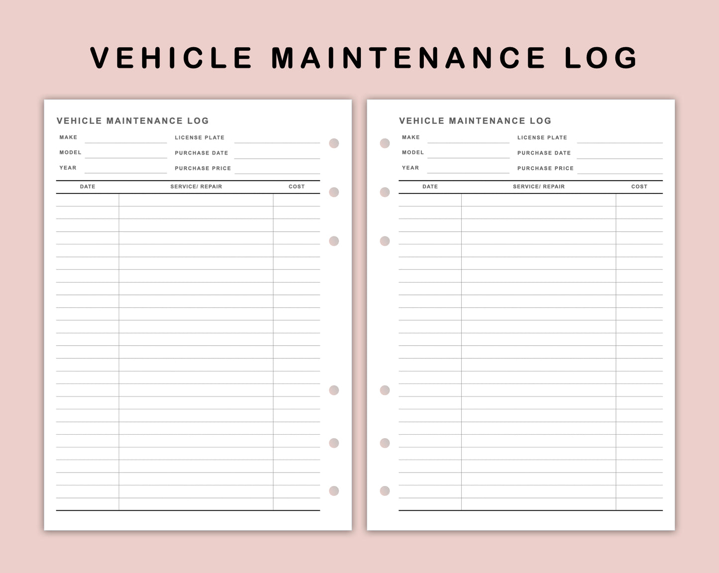 B6 Inserts - Vehicle Maintenance Log