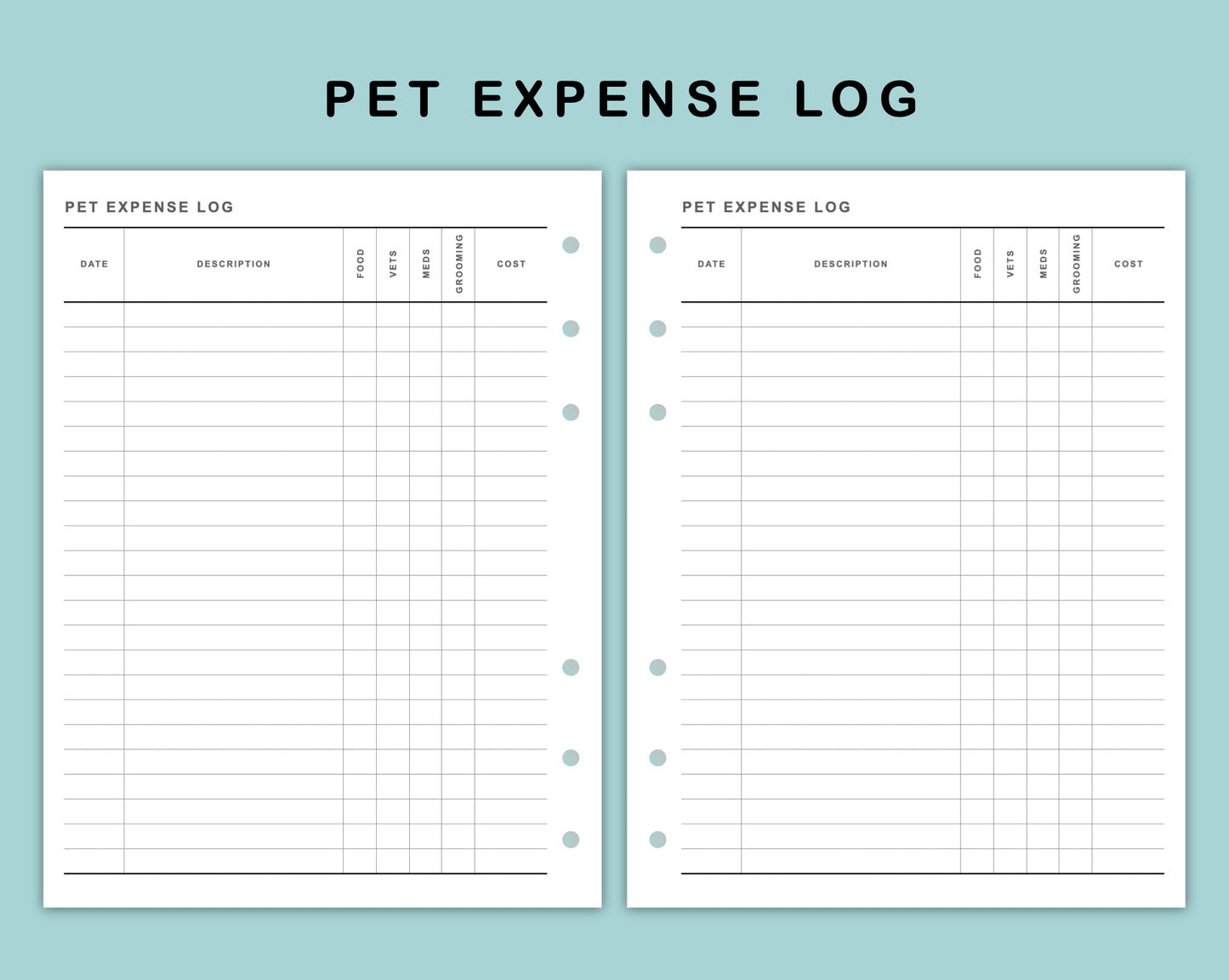 B6 Wide Inserts - Pet Expense Log