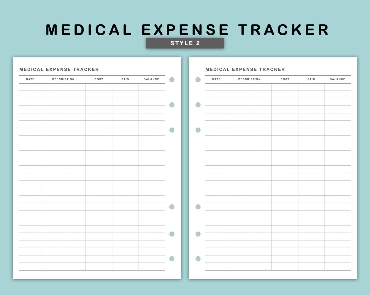 B6 Wide Inserts - Medical Expense Tracker
