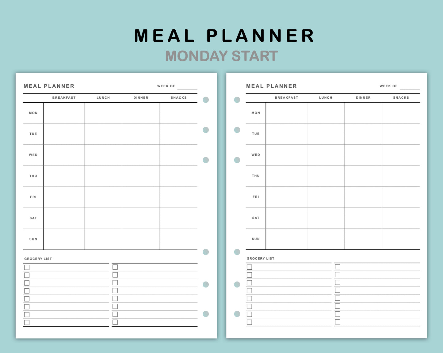 B6 Wide Inserts - Meal Planner with Grocery List