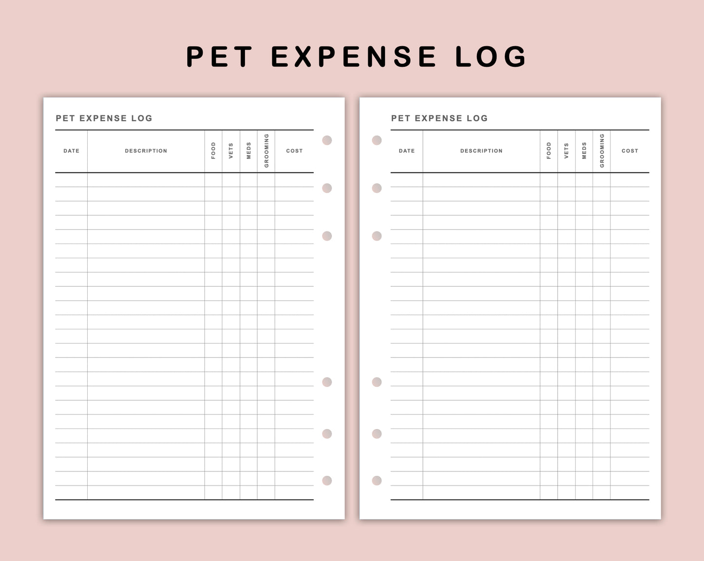 B6 Inserts - Pet Expense Log