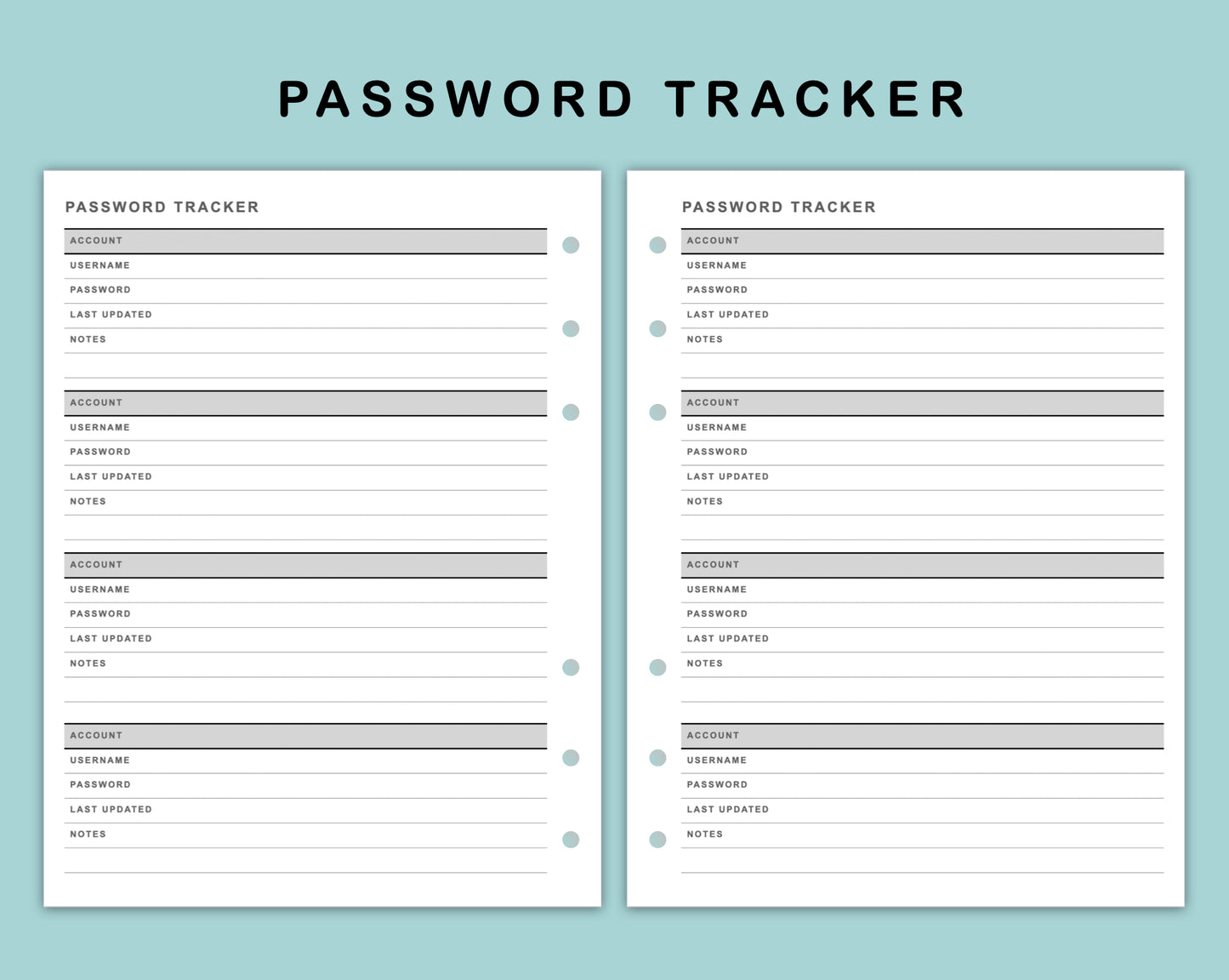 B6 Wide Inserts - Password Tracker