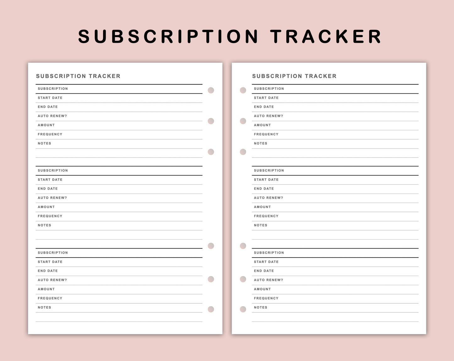 B6 Inserts - Subscription Tracker