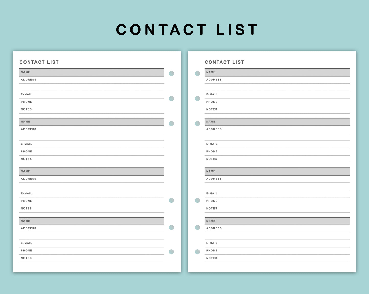 B6 Wide Inserts - Contact List