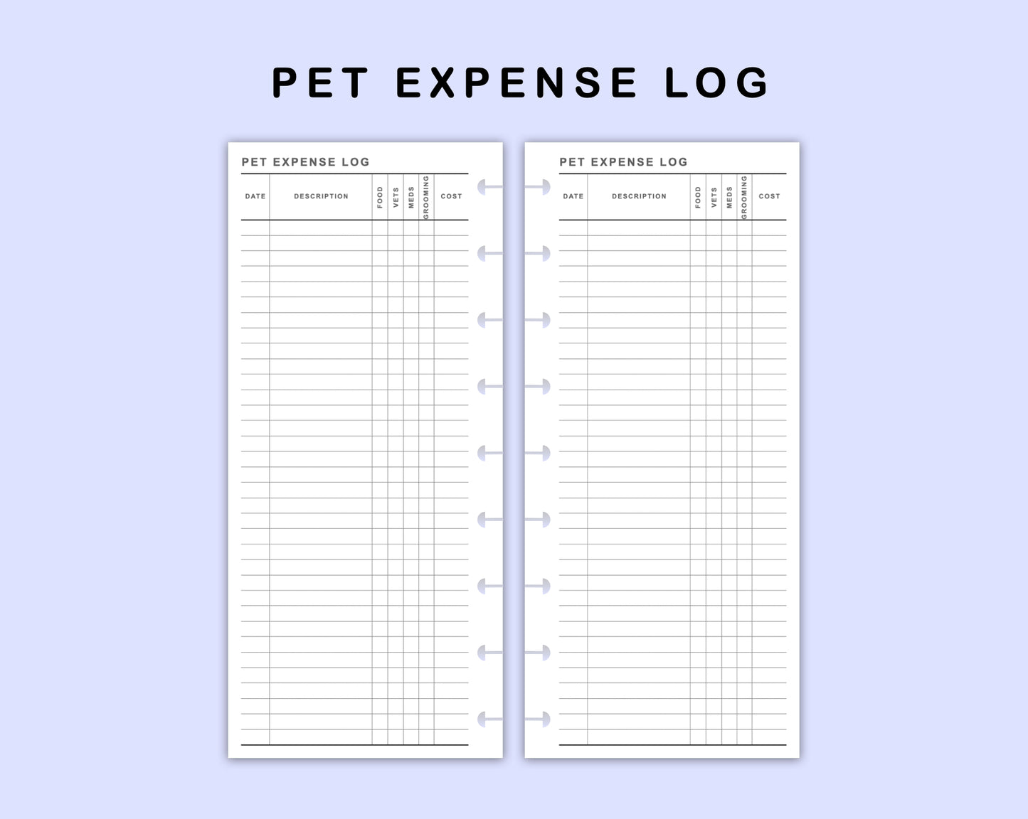 Skinny Classic HP Inserts - Pet Expense Log
