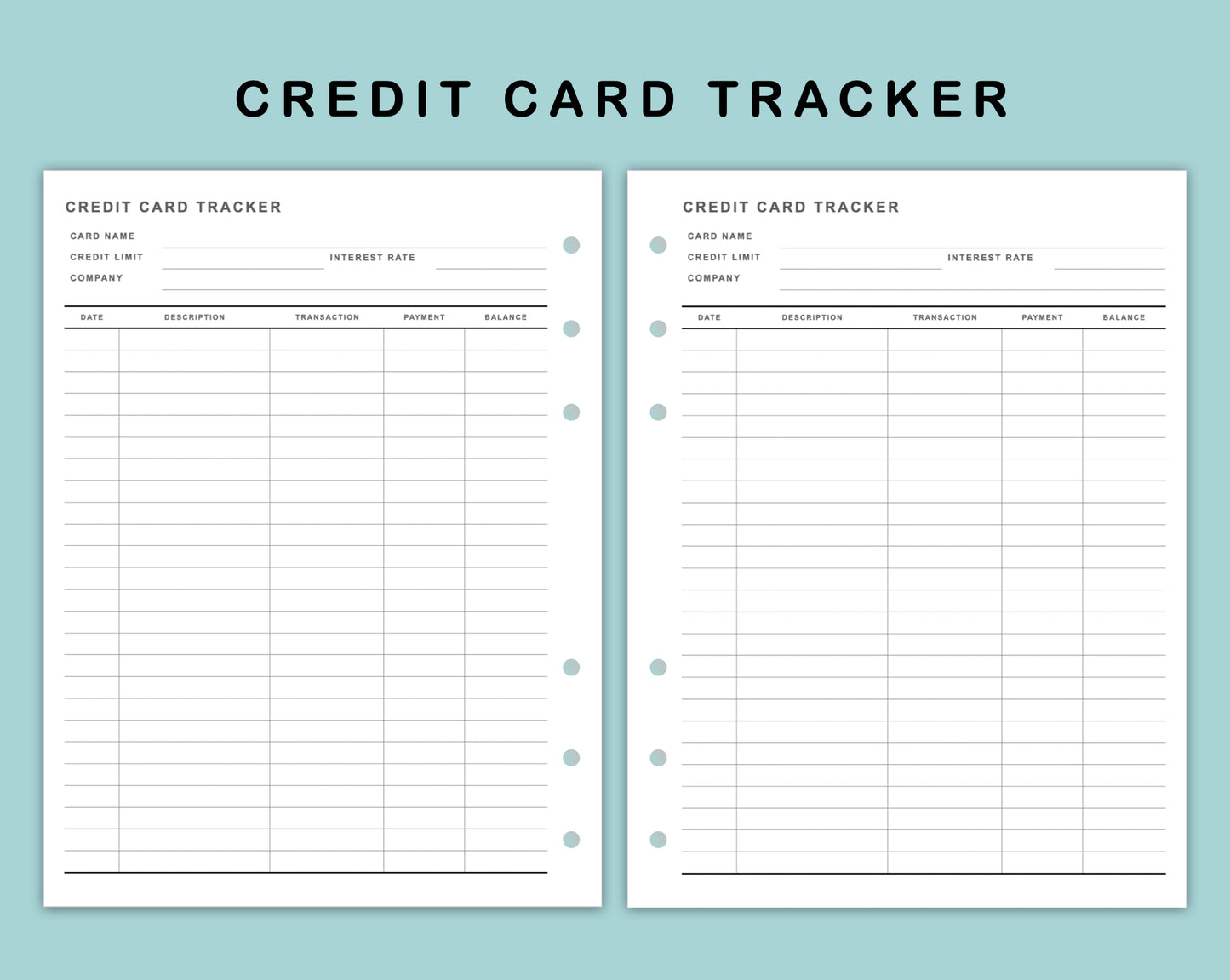 B6 Wide Inserts - Credit Card Tracker