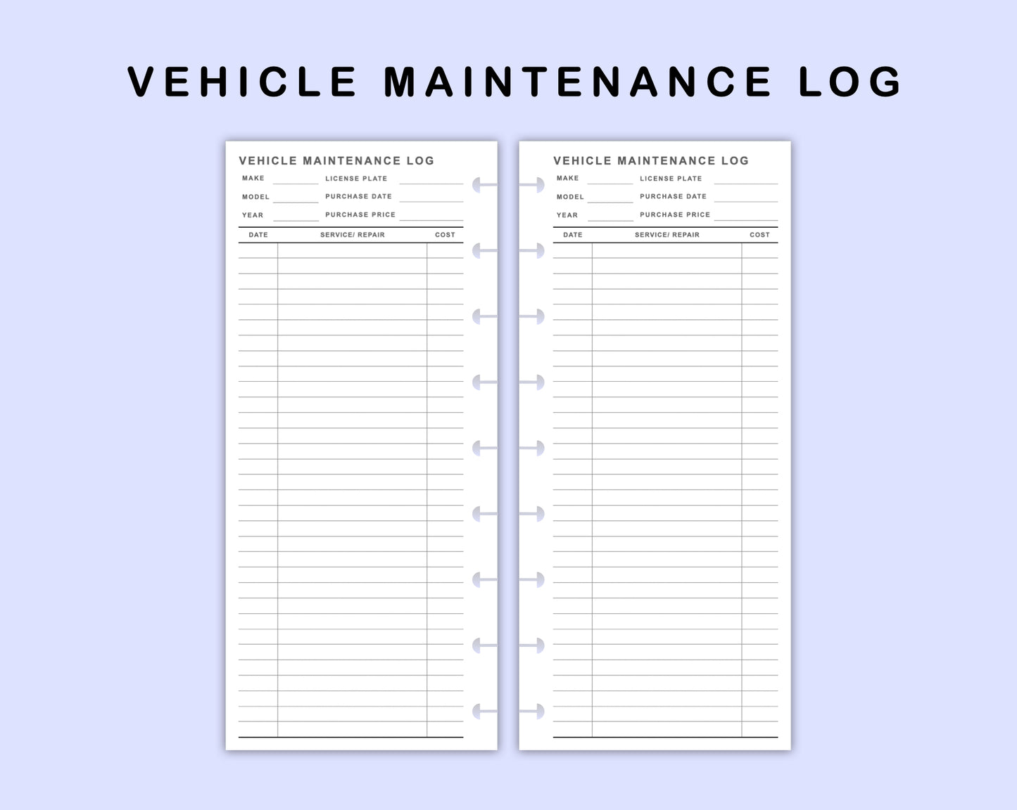 Skinny Classic HP Inserts - Vehicle Maintenance Log