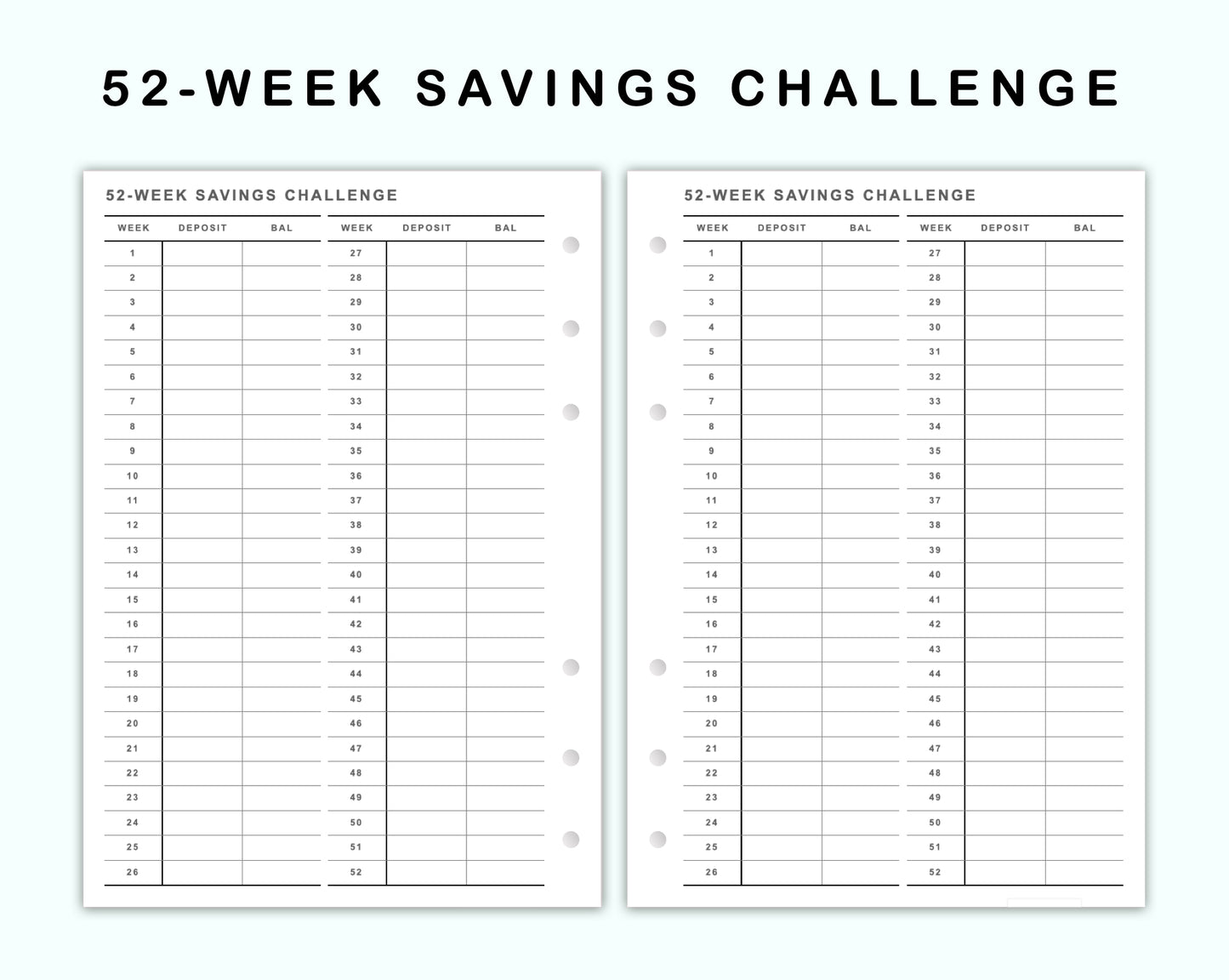 Personal Wide Inserts - 52 Week Saving Challenge