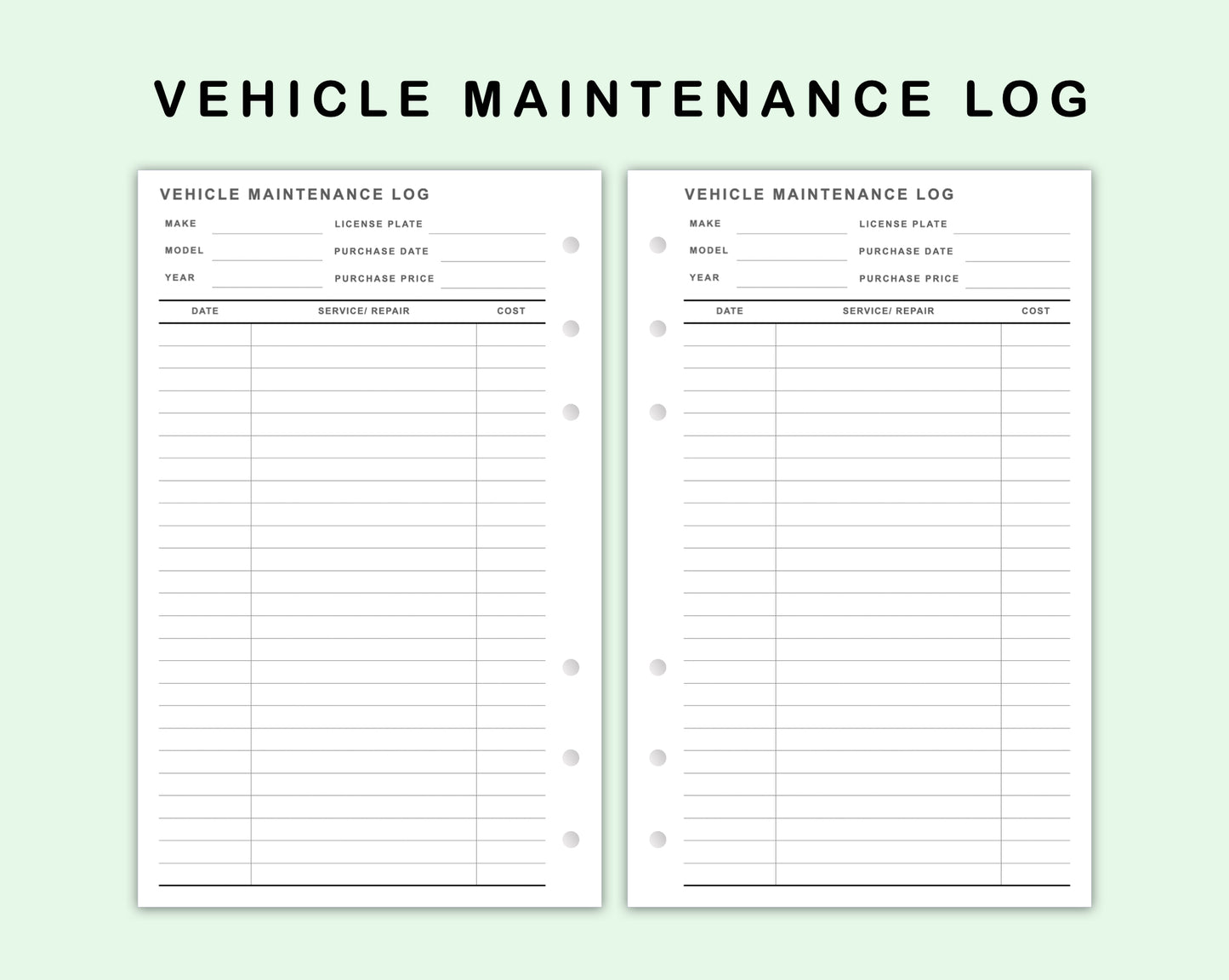 FC Compact Inserts - Vehicle Maintenance Log