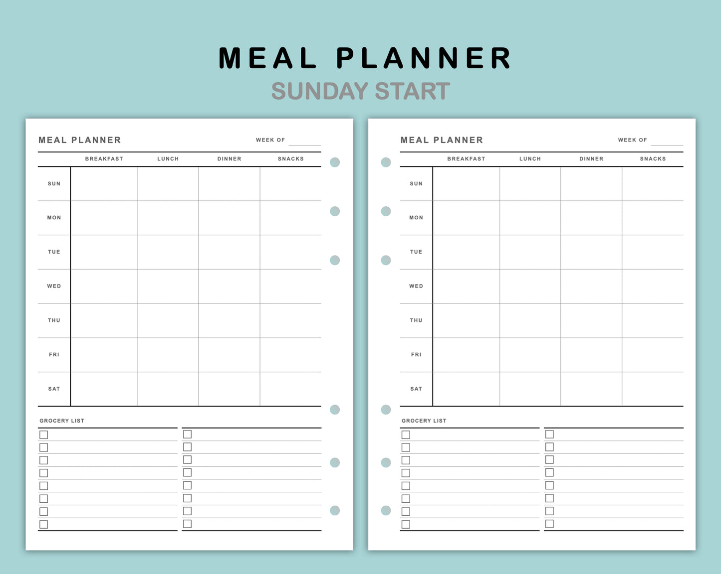 B6 Wide Inserts - Meal Planner with Grocery List