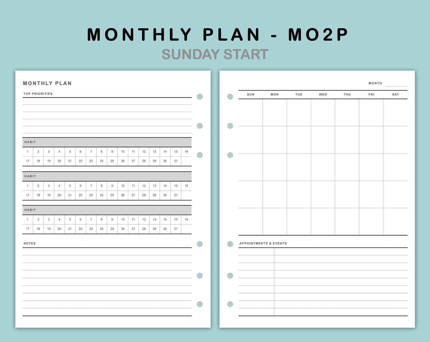 B6 Wide Inserts - Monthly Plan - MO2P - with Habit Tracker