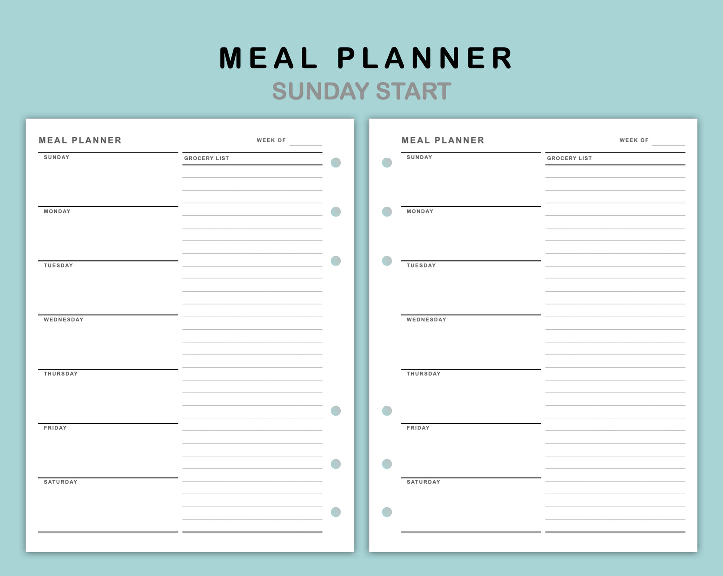 B6 Wide Inserts - Meal Planner with Grocery List