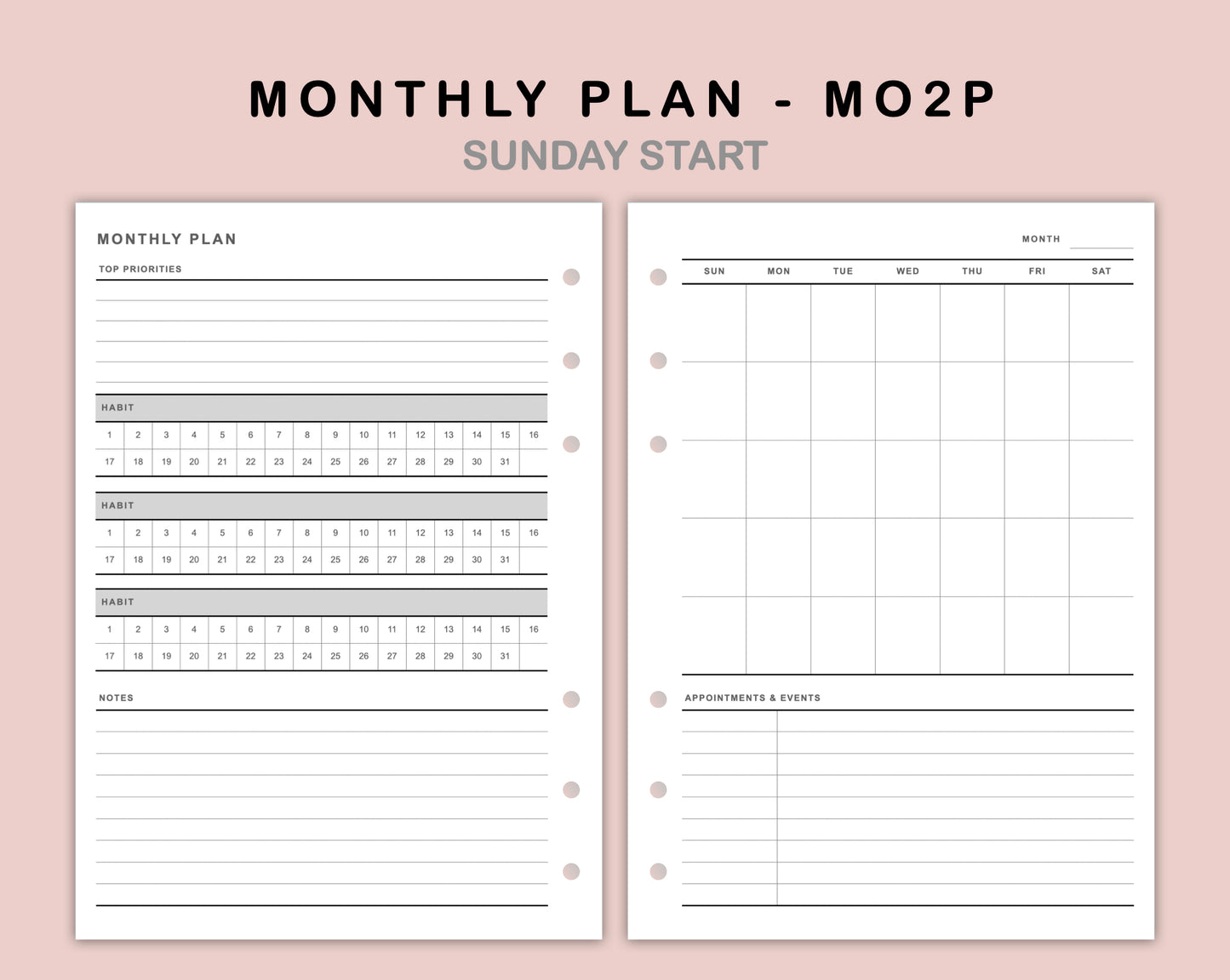 B6 Inserts - Monthly Plan - MO2P - with Habit Tracker
