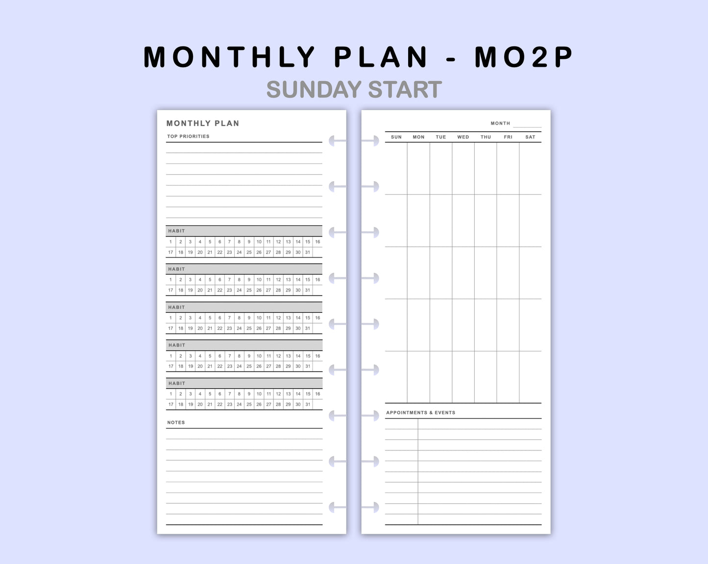 Skinny Classic HP Inserts - Monthly Plan - MO2P - with Habit Tracker