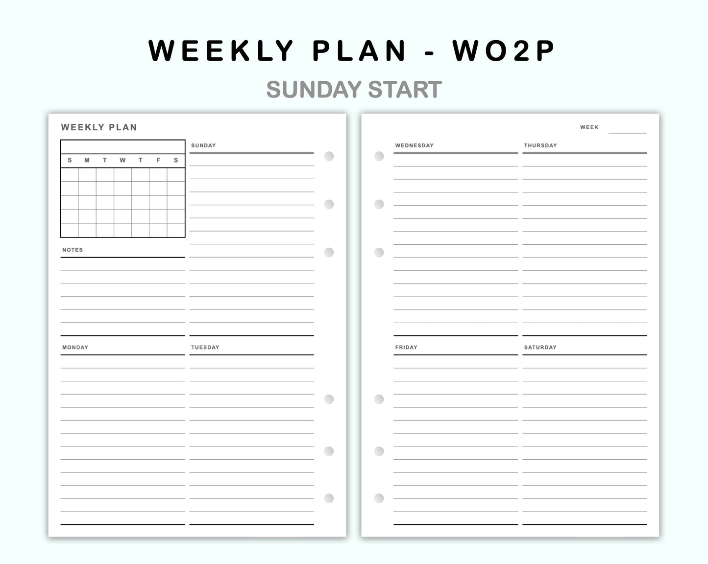 Personal Wide Inserts - Weekly Plan - WO2P - with Calendar