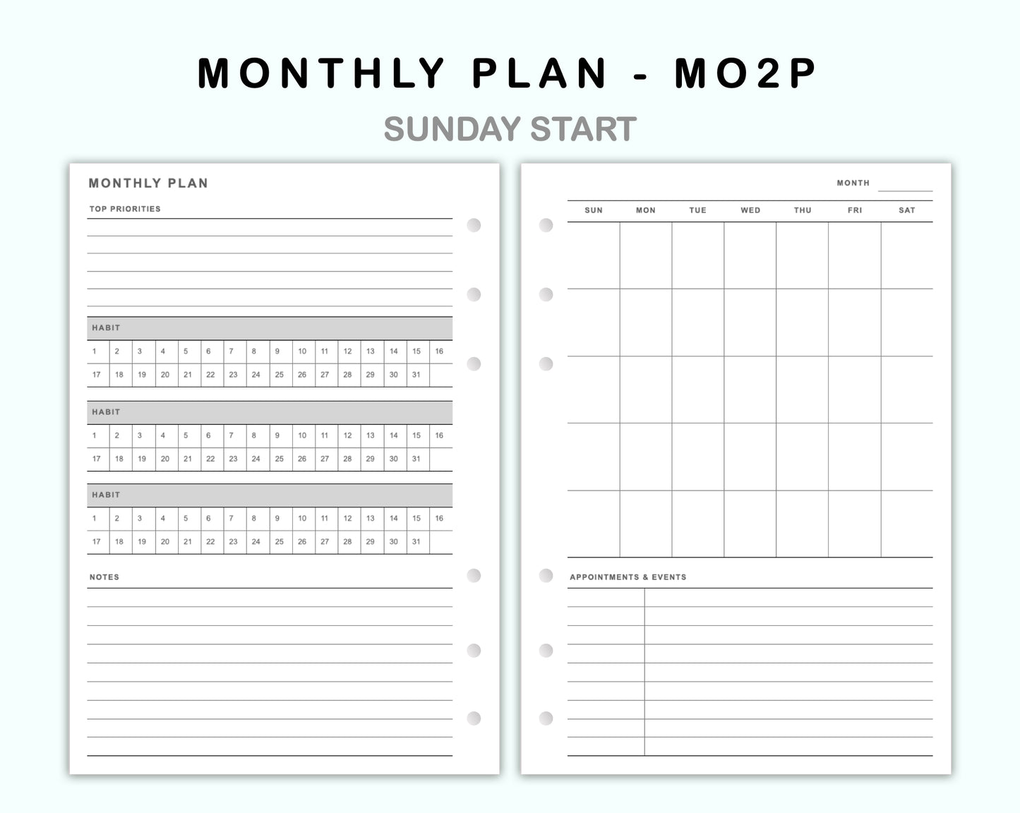 Personal Wide Inserts - Monthly Plan - MO2P - with Habit Tracker