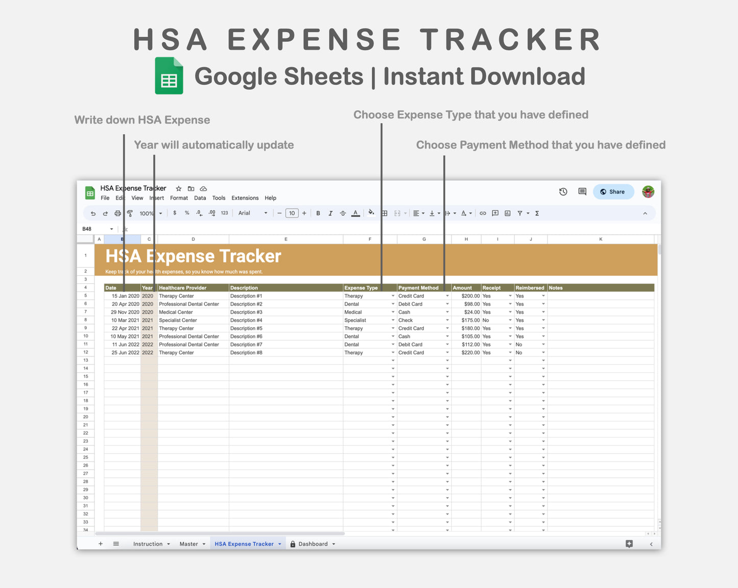 Google Sheets - HSA Expense Tracker - Boho